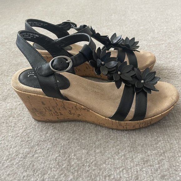 Wear Ever Sandals Womens 7.5 Black Faux Leather Floral Wedge Buckle 3" Heel - Picture 3 of 15